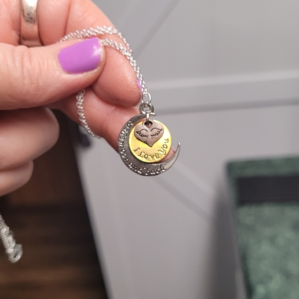 Hand Crafted " I Love You To The Moon and Back" Silver and Gold Moon Necklace